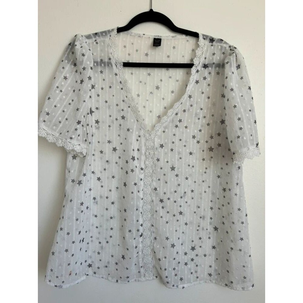 Shein Curve White Sheer Star Print Lace Trim Blouse 0XL Celestial